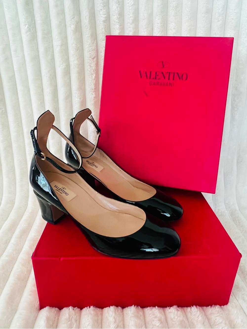 Valentino Black Patent Leather Ankle-Strap Block Heel Pumps